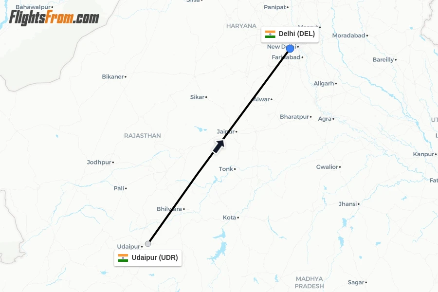 Flights from Udaipur to Delhi route map