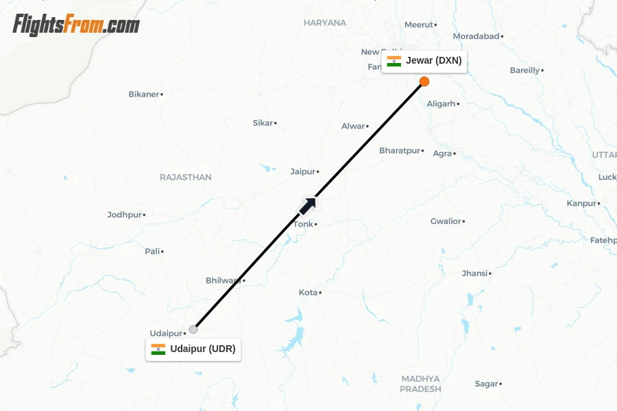 Flights from Udaipur to Jewar route map