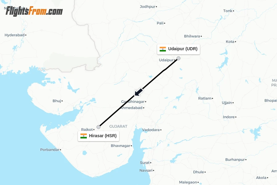 Flights from Udaipur to Hirasar route map