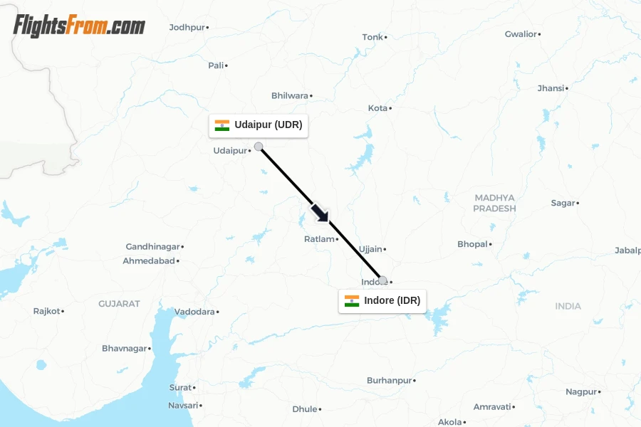 Flights from Udaipur to Indore route map