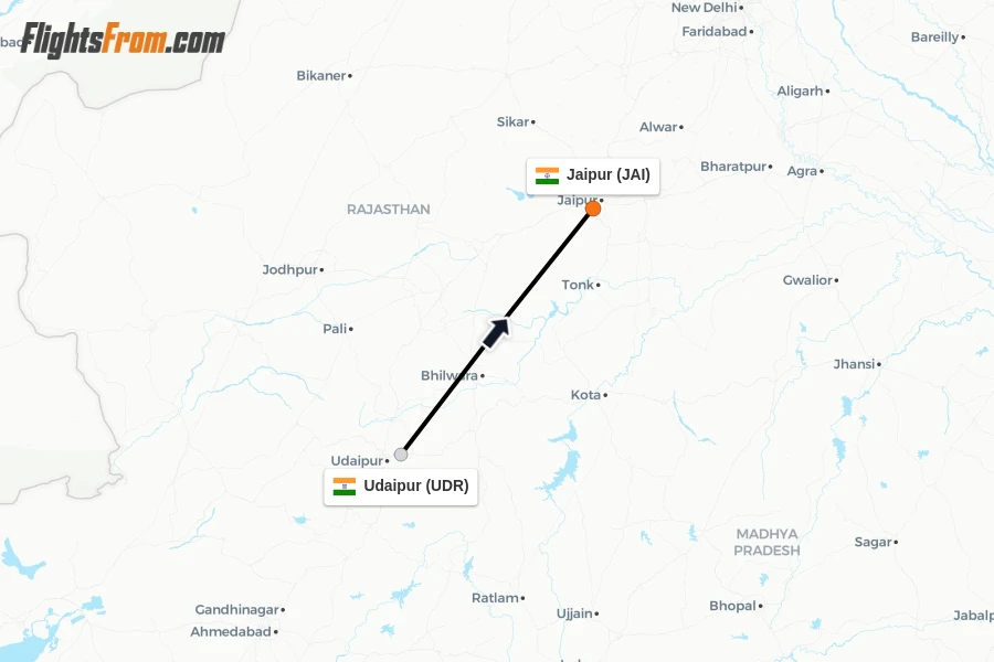 Flights from Udaipur to Jaipur route map