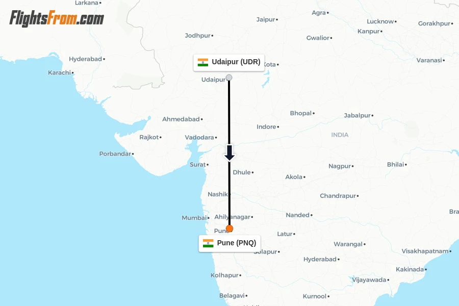 Flights from Udaipur to Pune route map