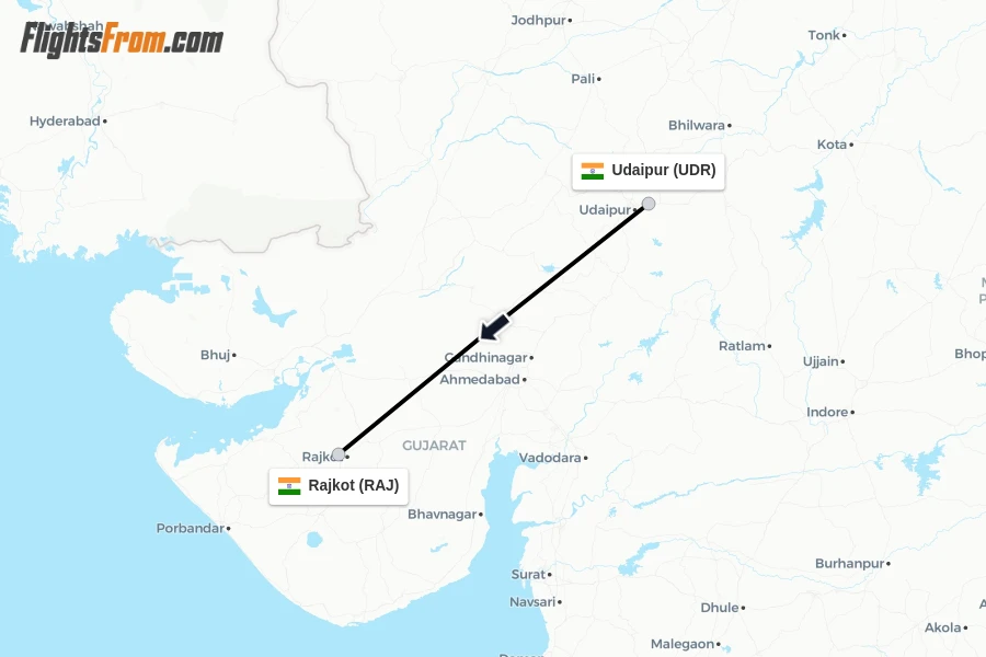 Flights from Udaipur to Rajkot route map