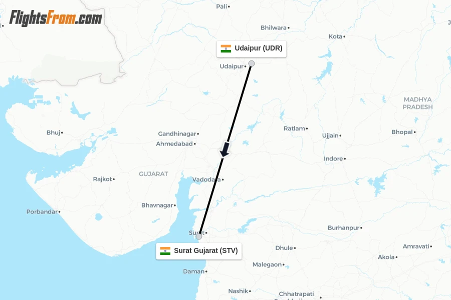 Flights from Udaipur to Surat Gujarat route map