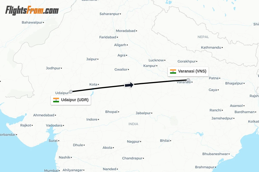 Flights from Udaipur to Varanasi route map