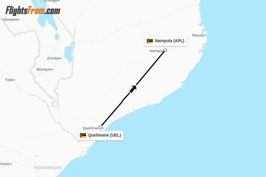 Flights from Quelimane to Nampula route map