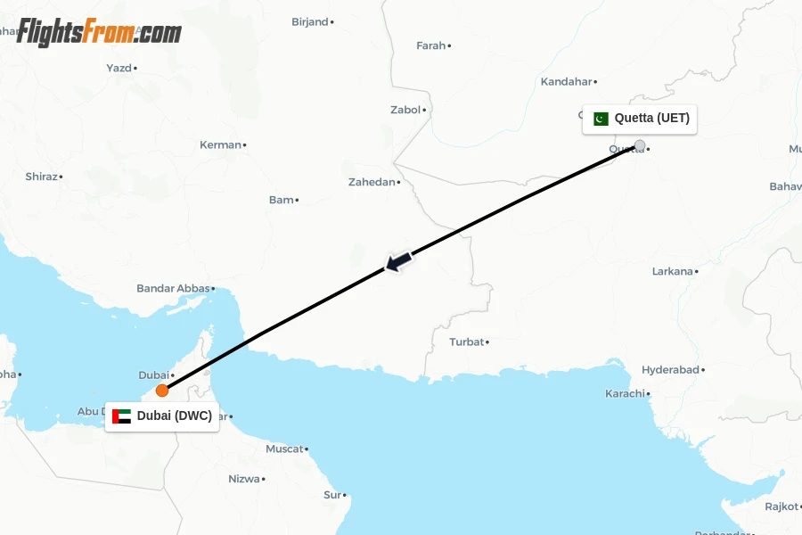 Flights from Quetta to Dubai route map