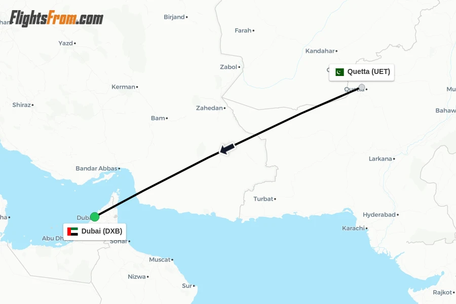 Flights from Quetta to Dubai route map
