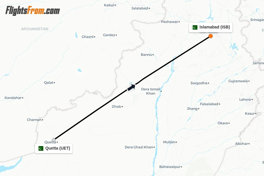 Flights from Quetta to Islamabad route map