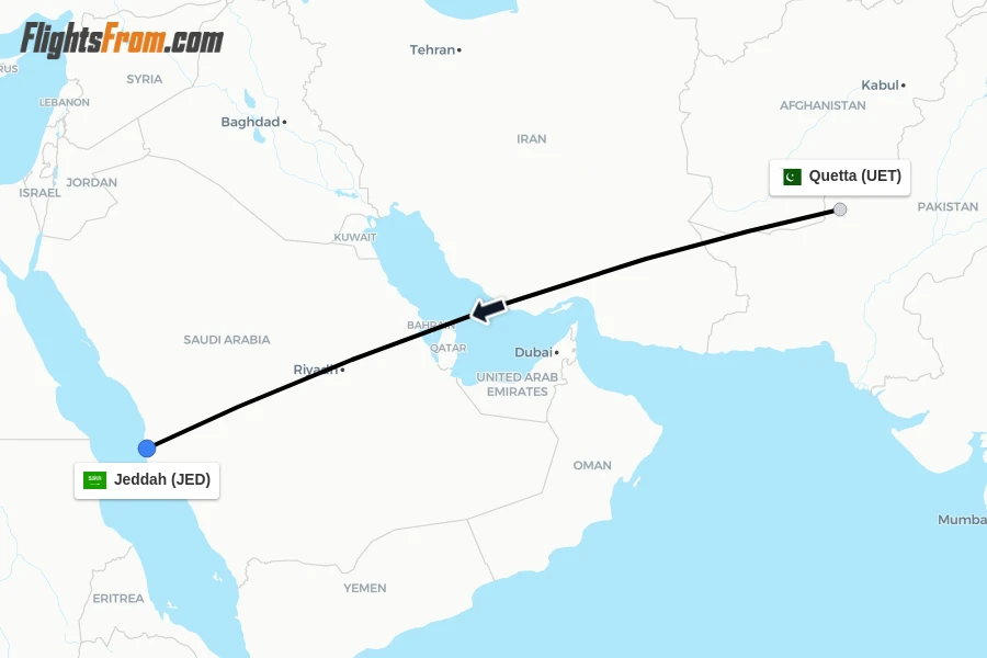 Flights from Quetta to Jeddah route map