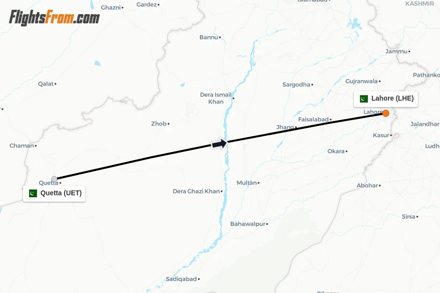 Flights from Quetta to Lahore route map