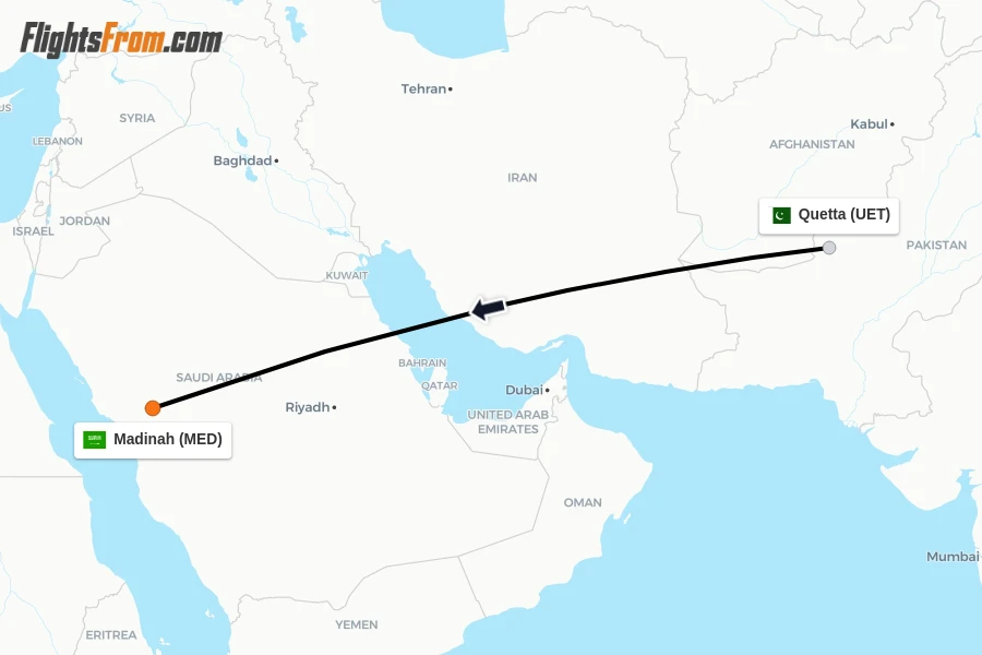 Flights from Quetta to Madinah route map