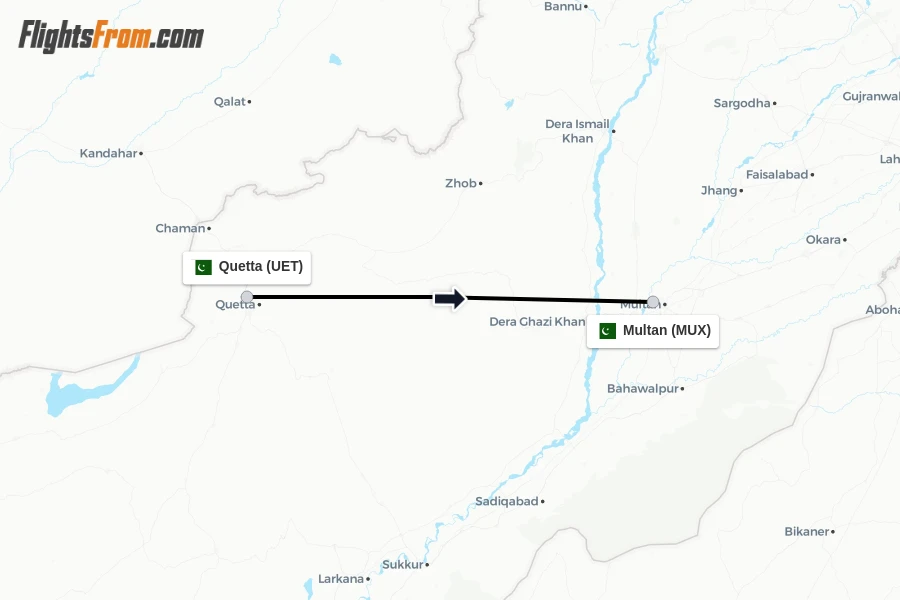 Flights from Quetta to Multan route map
