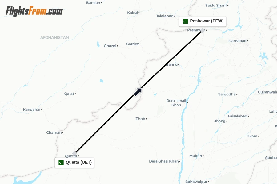 Flights from Quetta to Peshawar route map