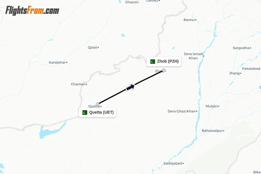 Flights from Quetta to Zhob route map