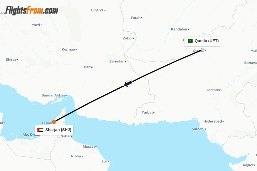 Flights from Quetta to Sharjah route map