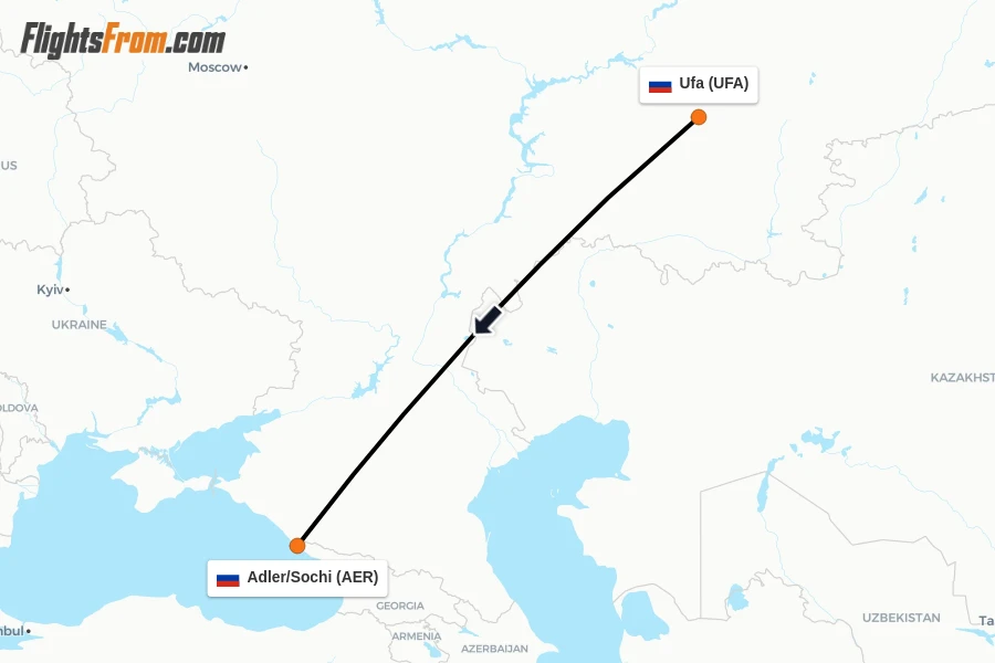 Flights from Ufa to Adler/Sochi route map
