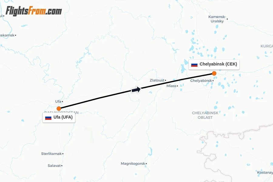 Flights from Ufa to Chelyabinsk route map