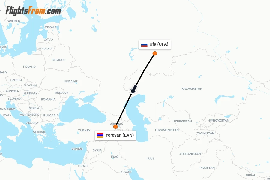Flights from Ufa to Yerevan route map