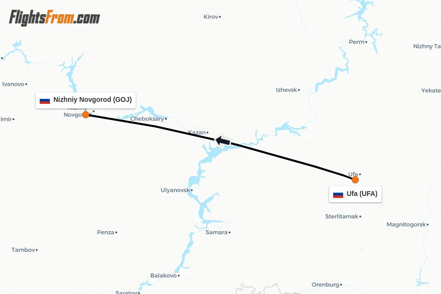 Flights from Ufa to Nizhniy Novgorod route map
