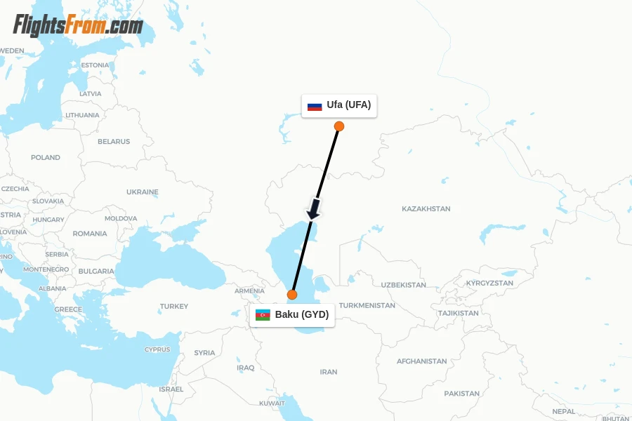 Flights from Ufa to Baku route map