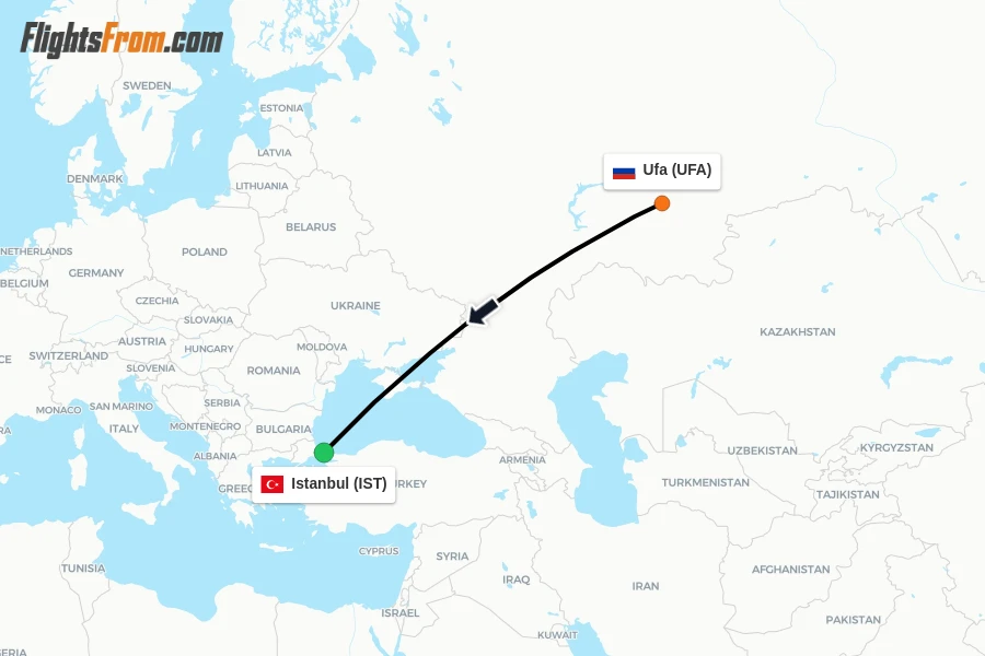 Flights from Ufa to Istanbul route map