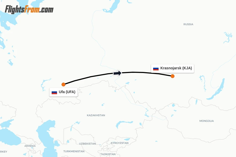 Flights from Ufa to Krasnojarsk route map