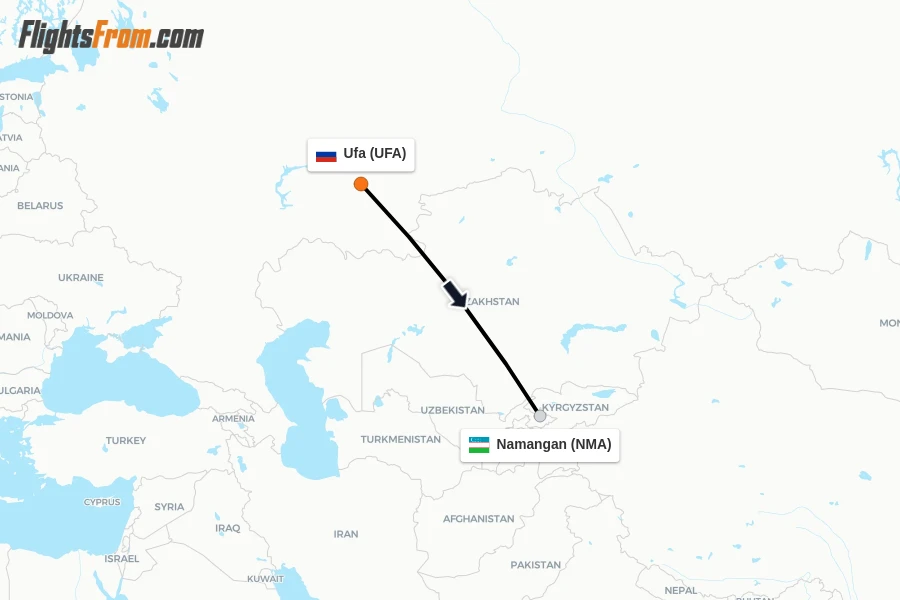 Flights from Ufa to Namangan route map