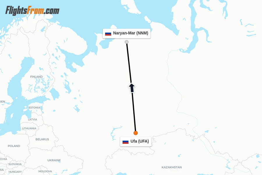 Flights from Ufa to Naryan-Mar route map