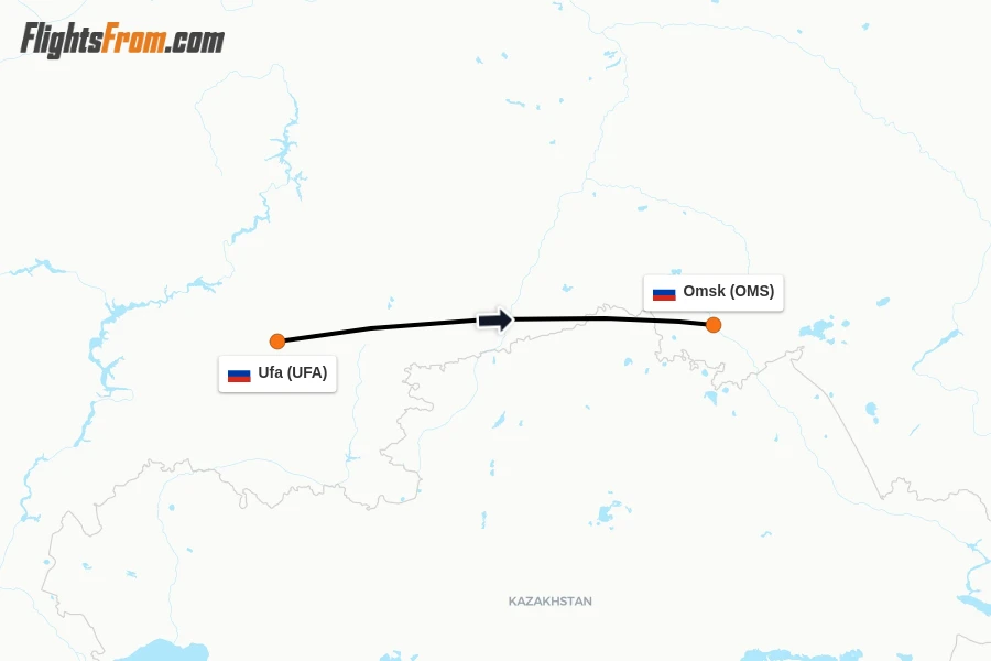 Flights from Ufa to Omsk route map