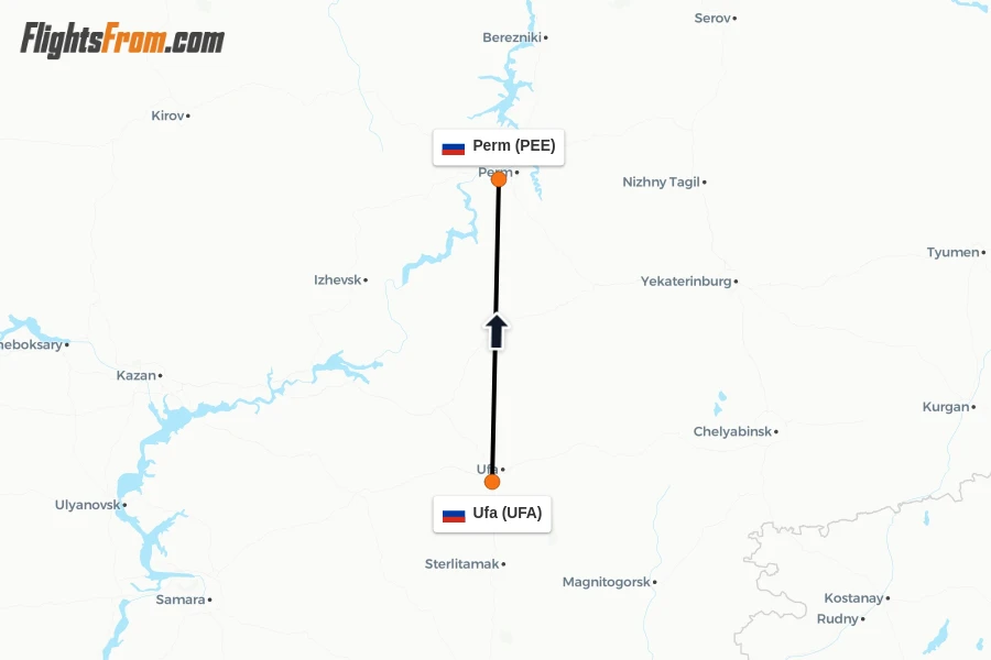 Flights from Ufa to Perm route map