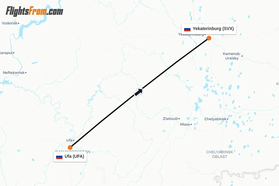 Flights from Ufa to Yekaterinburg route map