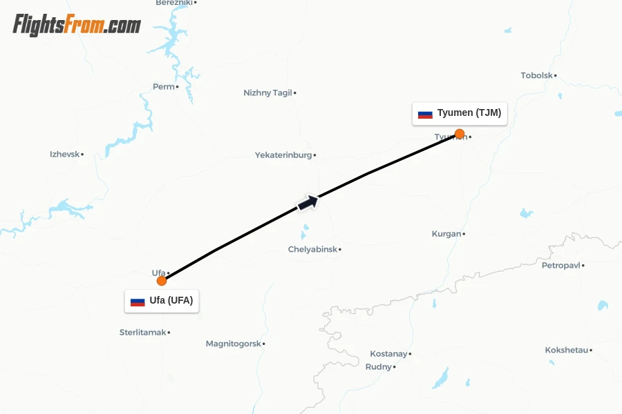 Flights from Ufa to Tyumen route map