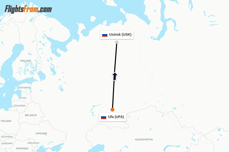 Flights from Ufa to Usinsk route map