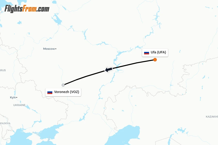 Flights from Ufa to Voronezh route map