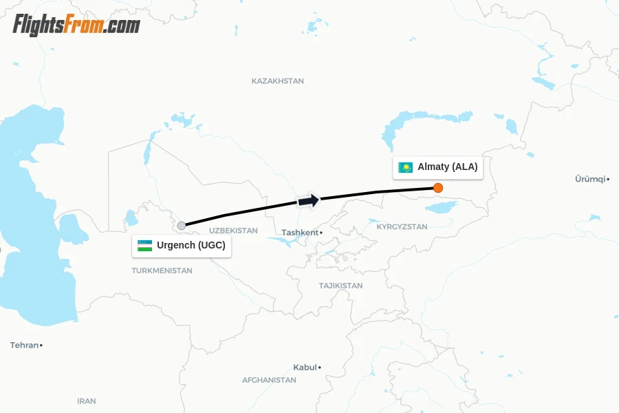 Flights from Urgench to Almaty route map