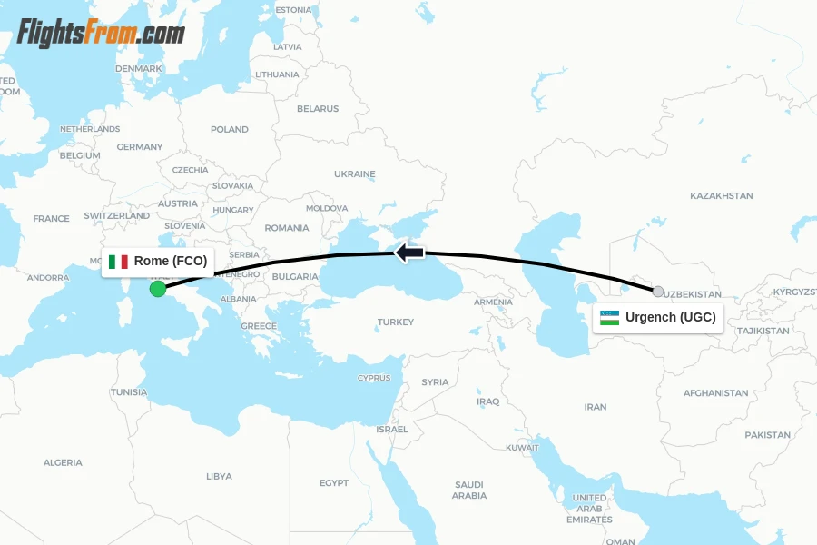 Flights from Urgench to Rome route map