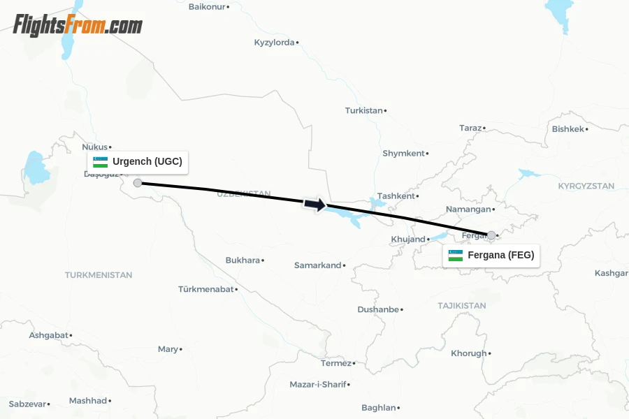 Flights from Urgench to Fergana route map