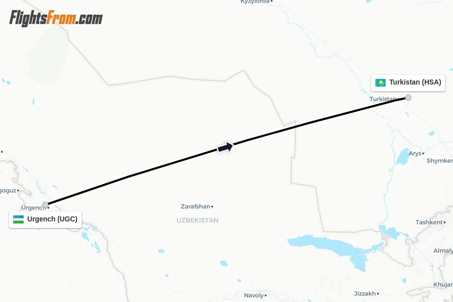 Flights from Urgench to Turkistan route map