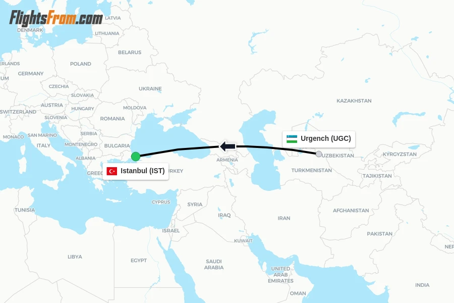 Flights from Urgench to Istanbul route map