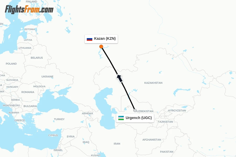 Flights from Urgench to Kazan route map