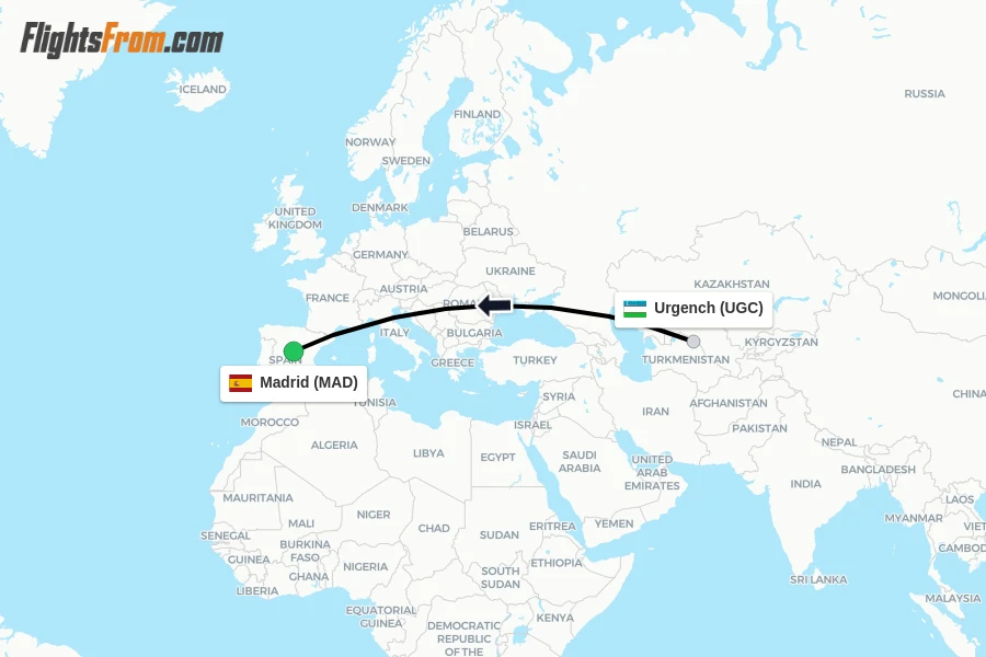 Flights from Urgench to Madrid route map