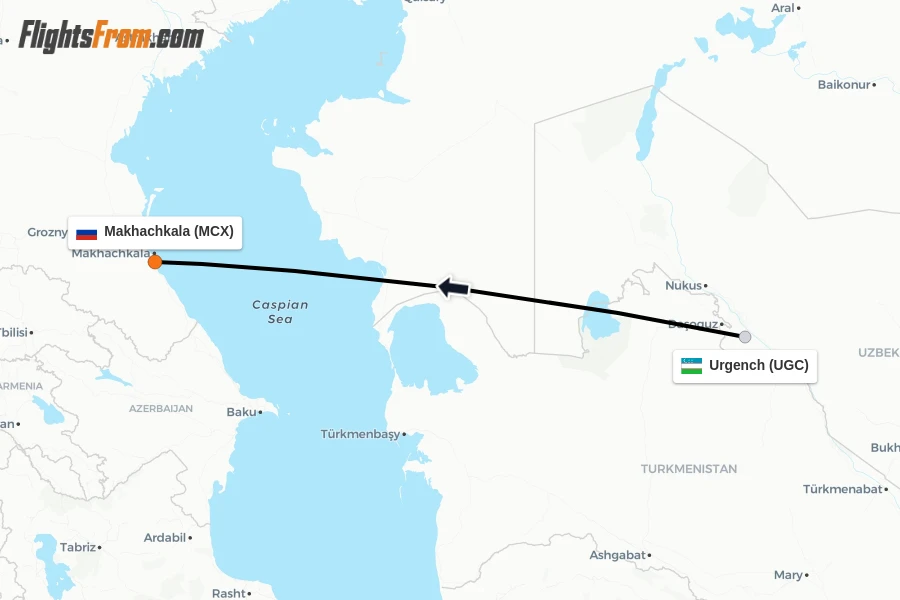 Flights from Urgench to Makhachkala route map