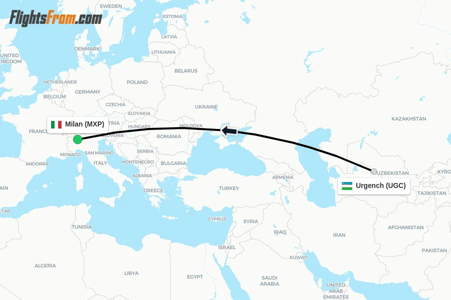 Flights from Urgench to Milan route map