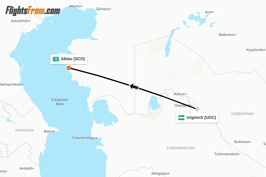 Flights from Urgench to Aktau route map