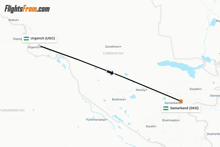 Flights from Urgench to Samarkand route map
