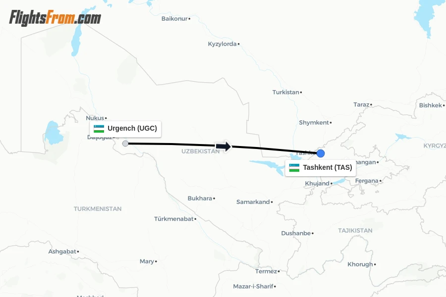 Flights from Urgench to Tashkent route map