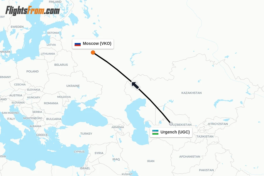 Flights from Urgench to Moscow route map