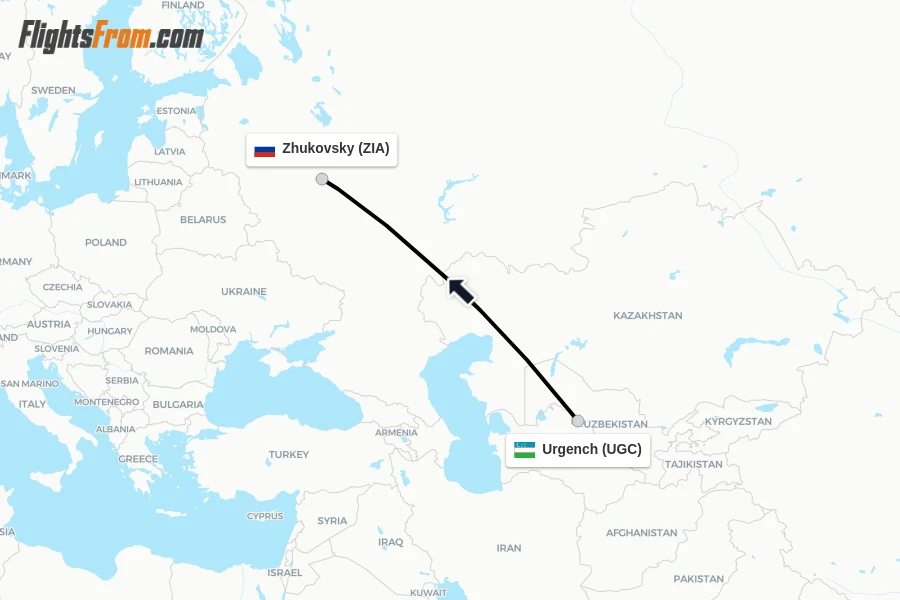 Flights from Urgench to Zhukovsky route map