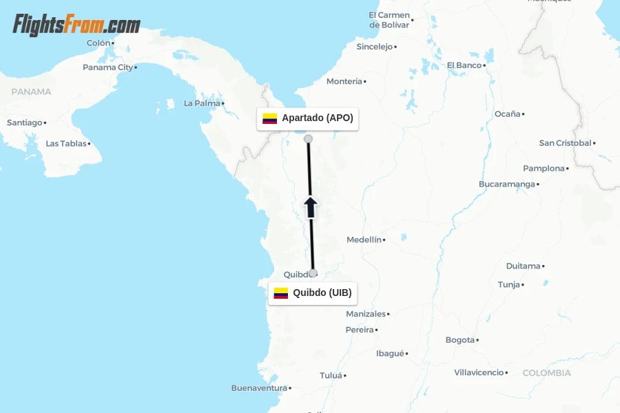 Flights from Quibdo to Apartado route map